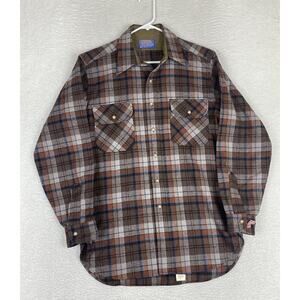 Vintage 60s Pendleton Wool Button Up Flannel Shirt Sz M Plaid USA Brown